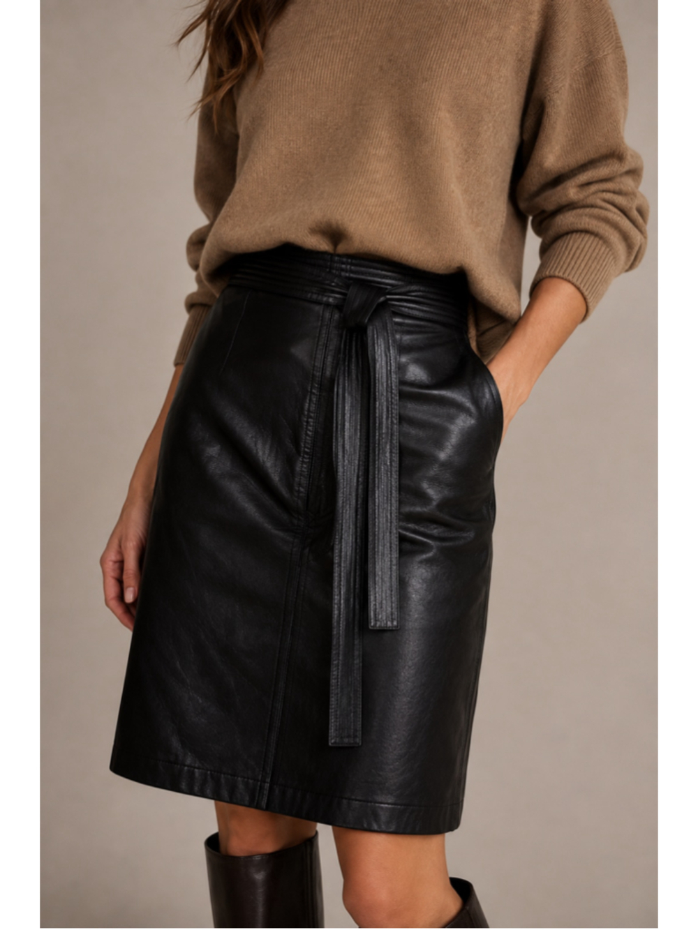 A.L.C. Black Genuine 100% Lamb Leather Front Zip Tie Waist Skirt Size 4 NWT